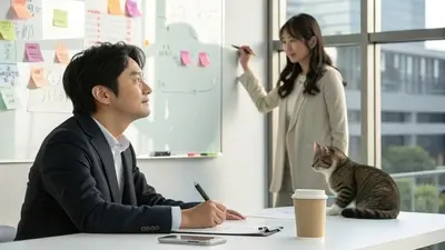 ホワイトボードの前で打ち合わせ
